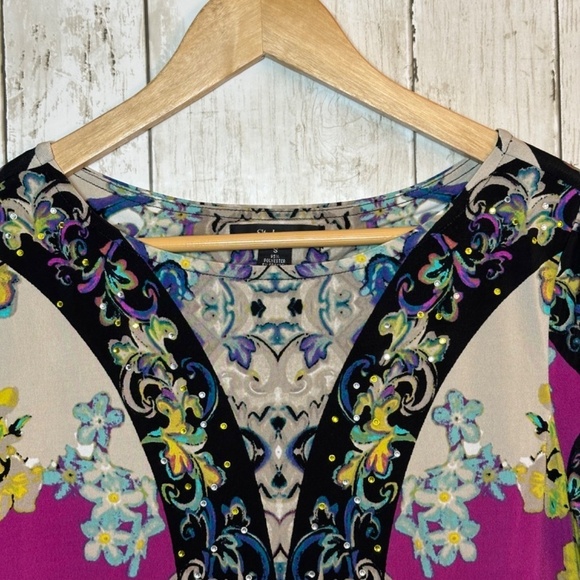 Style&Co Shift Dress Boat neckline Bell Sleeve Stretch Sz Small Floral Disco - Picture 6 of 16